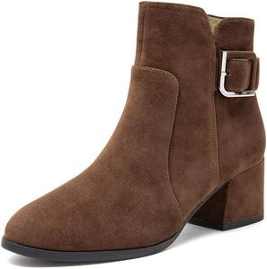 FSJ Женские удобные ботильоны с округлым носком, боковыми молниями, невысоким массивным каблуком и пряжкой, повседневная зимняя обувь, Camel