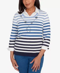 Женский классический свитер «два в одном» в полоску омбре Alfred Dunner, синий