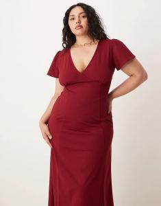 Платье миди ASOS DESIGN Curve с рукавами-крылышками и открытой спиной винного цвета