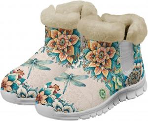 Женские зимние ботинки на снег Теплые пушистые для походов и бега Ботильоны слипоны Мягкие Нескользящие Легкие ботинки для ходьбы для женщин размер US 6-12 Fuxowvby, Flower Dragonfly