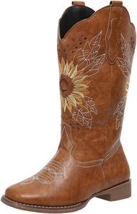 Женские ковбойские сапоги SACFOF Sunflower с квадратным носком, средней высоты голени, с западной вышивкой и низким каблуком, Brown