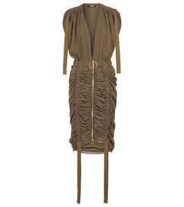 Платье миди из хлопкового джерси со сборками Balmain, Kaki
