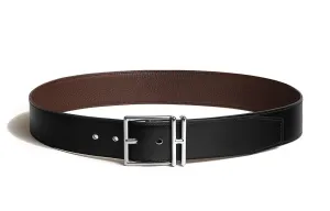 Кожаный ремень из телячьей кожи мужской черный/шоколадный ширина 4 см HERMES