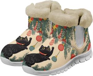 Женские зимние сапоги JoyLamoria с дизайном, утепленные плюшевой подкладкой, с забавным принтом мопса, легкие ботильоны на плоской подошве для холодной погоды, Black Cat Christmas Tree