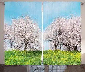 Штора ABAKUHAUS "Дерево в стиле рустик", японские весенние цветы, универсальные ленточные шторы для гостиной с петлями и крючками, 280 x 175 см, цвет: зеленый, аквамариновый Abakuhaus