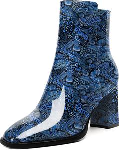 Женские стильные ботильоны AUMOTED с массивным каблуком, закрытым квадратным носком и боковой молнией, короткие ботинки, каблук 3,4 дюйма, Patent Flower Blue