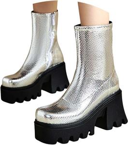 Generic Женские ботинки на шнуровке с блестками, массивный каблук, блестящие ботильоны на платформе, кожаные ботильоны с молнией, на толстом каблуке, с круглым носком, модные свадебные, вечерние и праздничные туфли