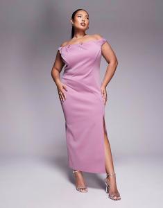 Платье миди с плиссировкой и вырезом лодочкой ASOS DESIGN Curve розового цвета ASOS Curve