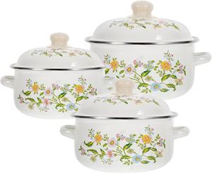 Набор эмалированных кастрюль Kichvoe с крышками с рисунком, 3 шт, мультиколор