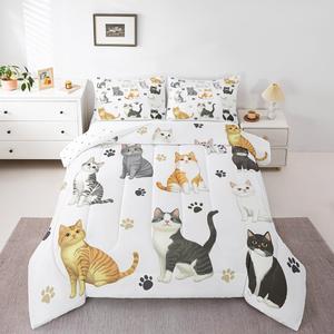 Erosebridal Детский комплект постельного белья с принтом милых котят и лапок, белый, White Black Orange