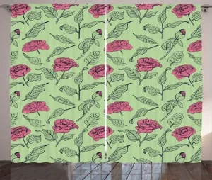 Шторы ABAKUHAUS Spring Rustic, романтический узор из листьев пиона в горошек, универсальные ленточные шторы для гостиной с петлями и крючками, 280 x 225 см, зеленый, розовый, темно-серый Abakuhaus