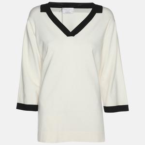 424 Свитер Marina Rinaldi из кремового трикотажа с контрастной отделкой и V-образным вырезом