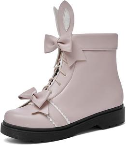 Женские ботильоны VOKLIN в стиле кавай Лолита с бантом, плоской подошвой, круглым носком, шнуровкой и молнией, милые нарядные короткие ботинки, Pink-Velvet Lined