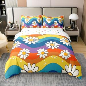 Erosebridal Хлопковый комплект постельного белья 70S Groovy Flower в стиле бохо с радужным цветочным принтом, Multi 08