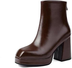 Женские ботильоны на платформе с высокой массивной подошвой, квадратным носком и удобной колодкой, с задней молнией, для зимы и осени JMdfcqer, Brown