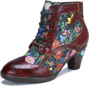 Ретро женские кожаные ботильоны Superladystar, средний каблук, цветная роспись, металлический стиль - модные, удобные, прочные, уникальный стиль меньшинств Metcandy, Red