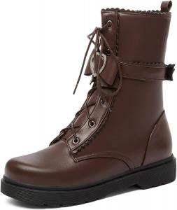 Низкие каблуки, круглый носок, ботинки на шнуровке с пряжкой, нарядные, для горничной, на щиколотке, лолита, принцесса, с платформой, короткие ботильоны SHEOMSIE, Brown