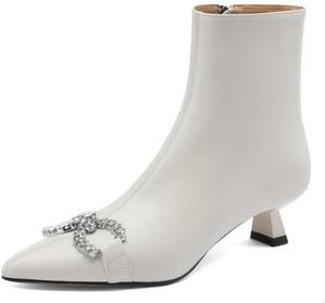Женские ботильоны TinaCus с острым носком, ручной работы, из натуральной кожи, со стразами и боковой молнией, на каблуке kitten, Off-White
