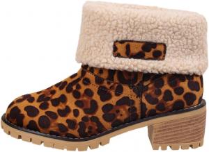 Зимние ботинки для женщин, удобные слипоны на среднем массивном каблуке, замшевые теплые снежные ботильоны для улицы Hhhchpm, Brown Leopard Print