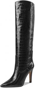 Женские сапоги LEMUTISME классические с заостренным носком, свободной посадкой, широкой голенью, без застежки, элегантные на высоком каблуке-стилет, до колена, Black Pattern