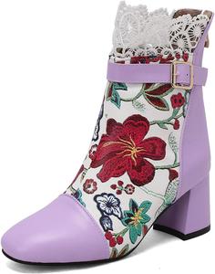 Ботильоны DINTAHA с цветочной вышивкой, кружевные, с квадратным носком и массивным каблуком, на молнии, Purple