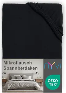 Простыня на резинке DreamScience Microfleece 180 x 200 - 200 x 200 см, черная, для матрасов высотой до 22 см - мягкая и согревающая простыня на резинке NYVI