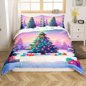 Erosebridal Комплект постельного белья с новогодним принтом ёлок и снежинок, Purple Green