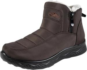 Зимние ботинки для женщин, теплые снежные ботинки с меховой подкладкой - модные ботильоны на молнии сбоку, удобные зимние уличные ботинки JEUROT, Coffee #1