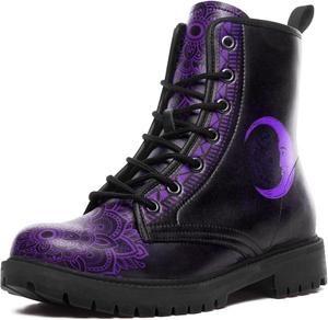 Женские небесные боевые ботинки - босоножки на щиколотку из веганской кожи «Солнце и Луна», модные готические бохо ботинки на шнуровке с массивной подошвой Coolcustomize, Black-Purple