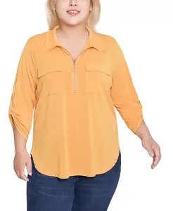 Топ размера плюс с застежкой-молнией 3/4 спереди NY Collection, золотой