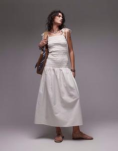 Платье миди на бретельках из льна Topshop цвета слоновой кости