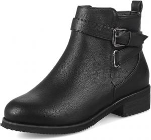 Женские повседневные ботильоны VOKLIN с закругленным носком, пряжкой, кожей, молнией, на плоском низком каблуке, короткие нарядные ботинки, Black-Velvet Lined
