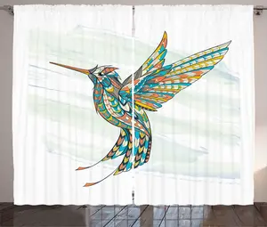 Штора ABAKUHAUS "Колибри" в деревенском стиле, геометрический узор с птицами, универсальная ленточная штора для гостиной с петлями и крючками, 280 x 225 см, белый многоцветный Abakuhaus