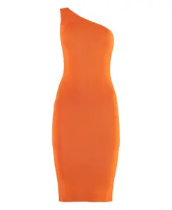 Трикотажное платье в рубчик с одним открытым плечом Yves Salomon, оранжевый