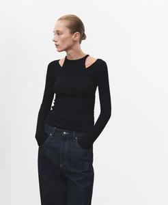 Женская ребристая комбинированная футболка MANGO, Black