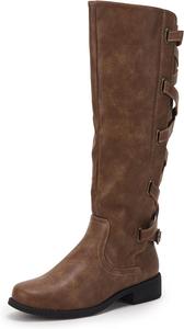 Женские ботинки Coutgo выше колена на шнуровке, с низким плоским каблуком, для мотоциклетной езды, зимние боевые ботинки с ремешками, Brown