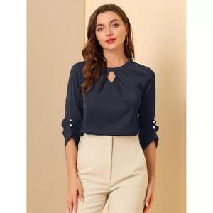 Женская офисная плиссированная рубашка с рукавами 3/4 и рюшами спереди, шифоновая блузка ALLEGRA K, белый