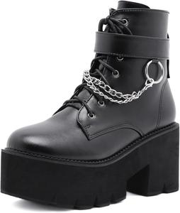 Женские готические ботильоны ZKXYFFS на платформе и танкетке, мотоциклетные с пряжкой, шнуровкой сбоку и молнией, панк-брутальные средние ботинки, 9.5-10 L-Black