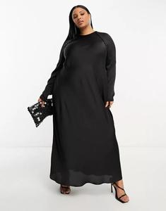 Черное атласное платье макси асимметричного кроя с пуговицами ASOS DESIGN Curve