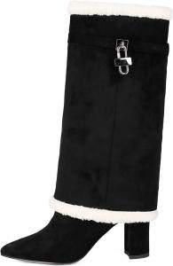 Женские сапоги AIJIVOU с отворотом и замком, на среднем голенище, с заостренным носком, массивным каблуком, с меховым воротником, зимние модные сапоги "шарки", на подкладке, Black