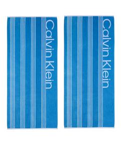 Набор из двух хлопковых пляжных полотенец с логотипом в полоску, размер 70 x 40 дюймов Calvin Klein, Jasper Blue
