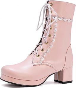 Женские ботильоны VOKLIN в стиле Лолита для косплея, с круглым носком, на шнуровке, с массивным средним каблуком, короткие, Pink-Velvet Lined