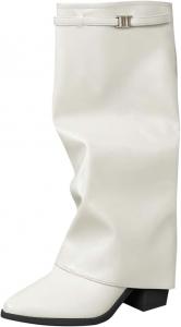 Женские сапоги до колена с массивным каблуком, складным верхом, зимние сапоги для широкой голени с пряжкой, заостренным носком, сапоги до середины голени для платьев Generic, Beige