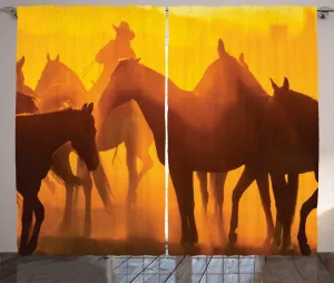 Штора ABAKUHAUS "Деревенский анималистичный табун лошадей в поле", универсальная ленточная штора для гостиной с петлями и крючками, 280 x 225 см, цвет: шоколадный оранжевый Abakuhaus