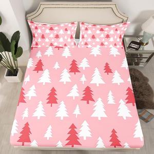 Erosebridal Комплект постельного белья с новогодним принтом сосен в акварельной технике, розово-белый, Multi 09