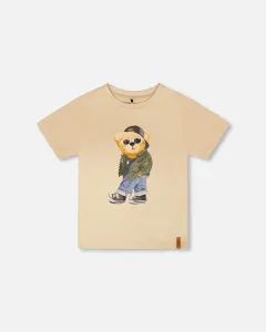 Футболка из органического хлопкового трикотажа с принтом, бежевая Deux Par Deux