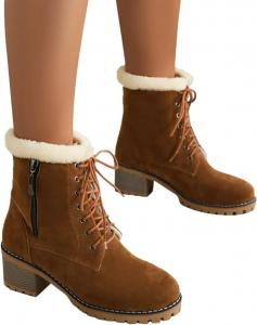 Женские зимние сапоги ZBYY, средние по голенищу, уличные противоскользящие ботинки, замшевые теплые с меховой подкладкой, ботильоны на шнуровке с плоской подошвой и платформой, 7 Brown