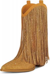 Женские ковбойские сапоги Ouepiano - ковбойские сапоги с кристаллами и блестящей бахромой, с заостренным носком, западные сапоги на толстом каблуке, сапоги с широким голенью, ботас вакерас, Yellow