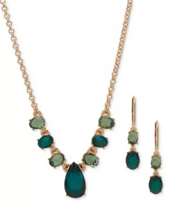 Серьги-Подвески с золотыми камнями и фронтальное ожерелье, 16 дюймов + удлинитель 3 дюйма Anne Klein, green