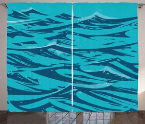 Штора ABAKUHAUS Vintage Beach Rustic, с абстрактным волновым рисунком, универсальная, для гостиной, с петлями и крючками, 280 x 245 см, цвет: петролеум, темно-синий, цвет морской пены Abakuhaus